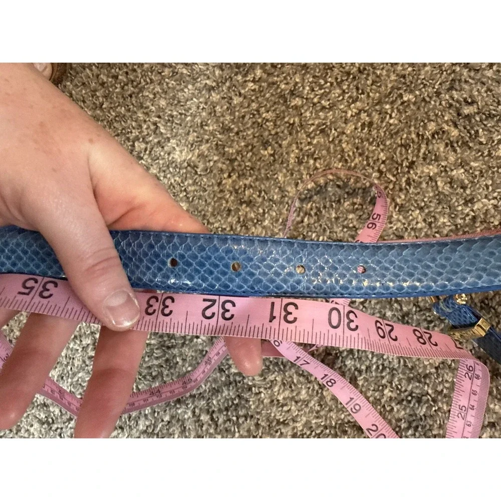 Vtg Genuine Snakeskin Belt Blue Leather Gold Horseshoe Buckle L Boho Western